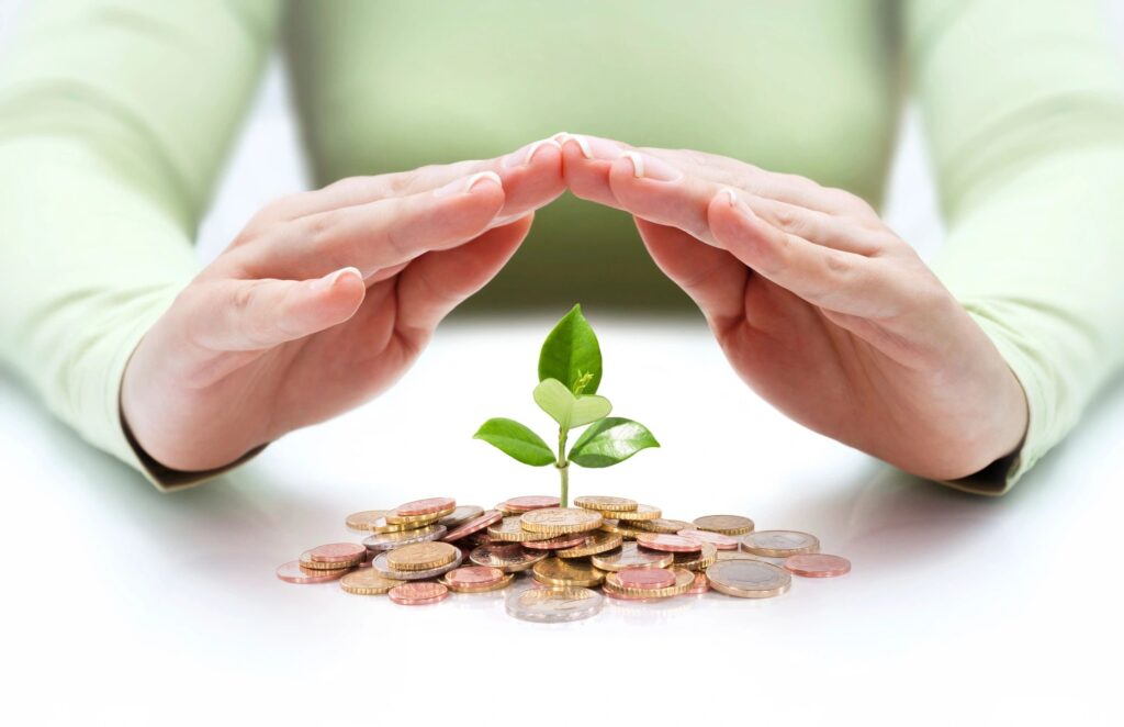 Image of Coins with Growing Plant and Hands Sheltering